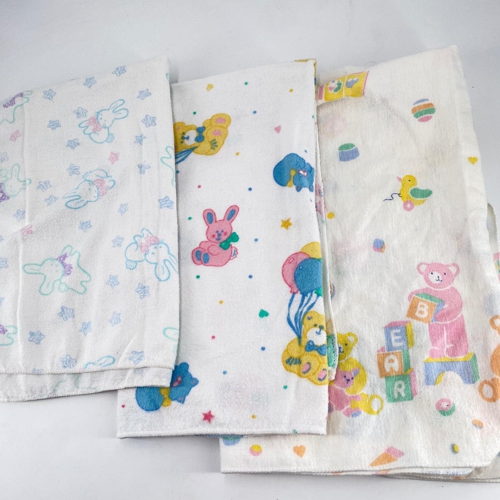 Vtg Baby Receiving Swaddling Blankets Set of 3 Cotton Teddy Bear Bunny USA